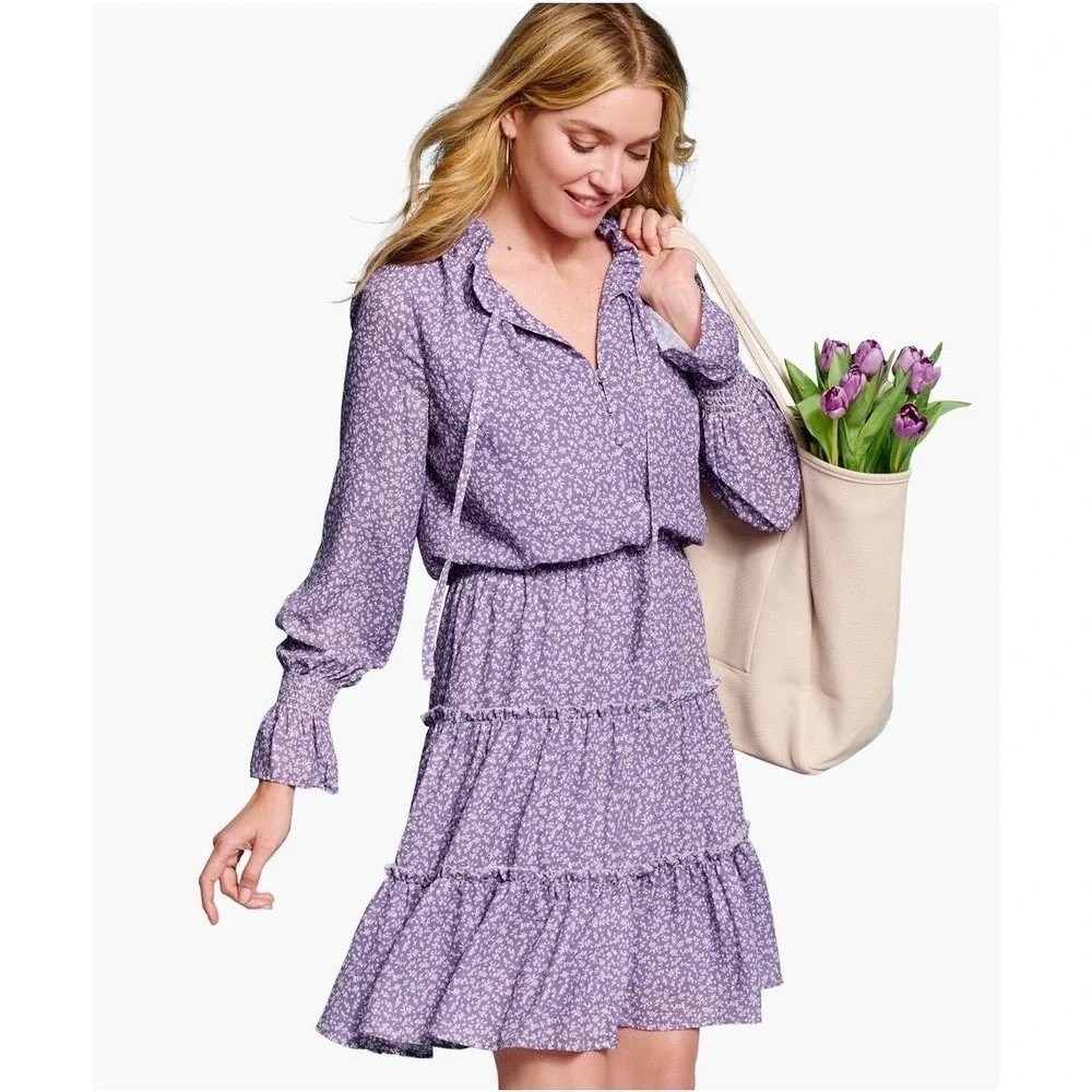 NWT Johnston & Murphy Lilac Ditsy Floral Dress Size L Tiered Smocked Waist